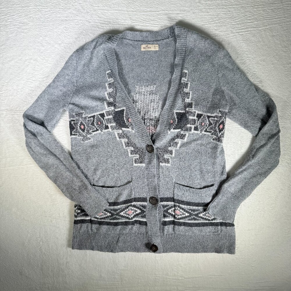 Hollister Gray Diamond Western Small Cardigan Button Knit‎ Sweater - Pockets